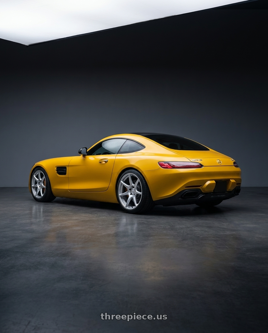 2019 Mercedes-Benz AMG GT with Kansei K11S Tandem 5X112 19x10.5 22 Hyper Silver wheels rear three quarter view square tires