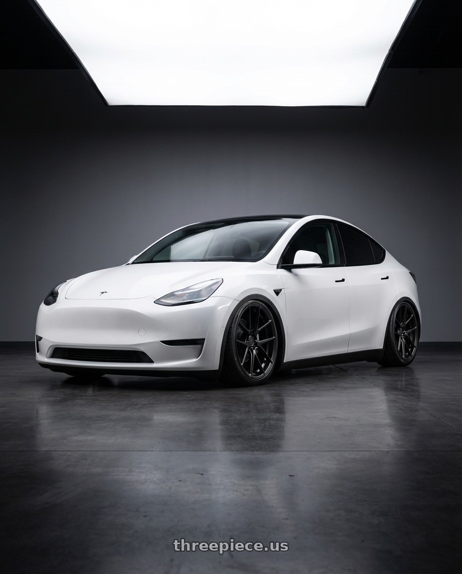 2024 Tesla Model Y with Aodhan AFF3 5x114.3 20x9+32 Matte Black wheels front three quarter view stanced stance