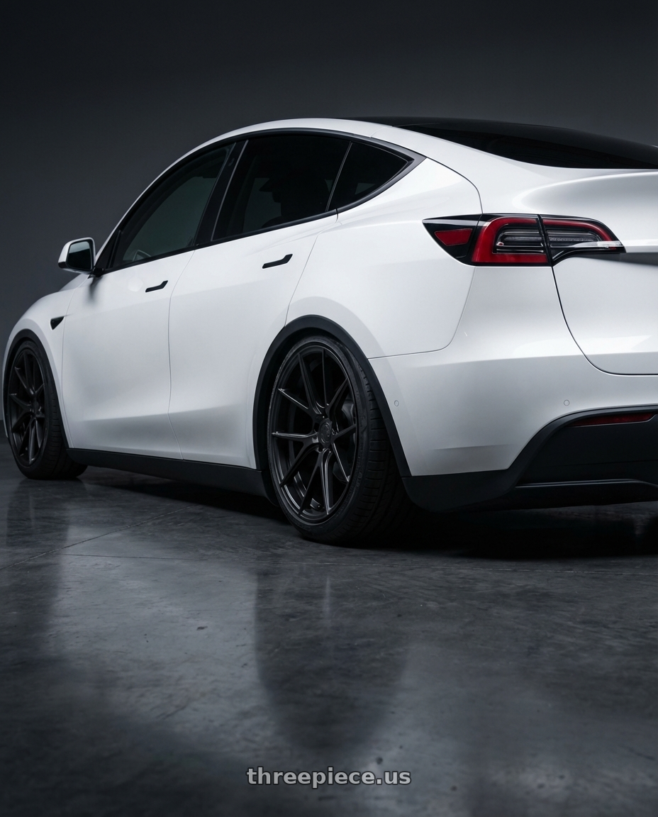 2024 Tesla Model Y with Aodhan AFF3 5x114.3 20x9+32 Matte Black wheels rear three quarter view slight stretch tires