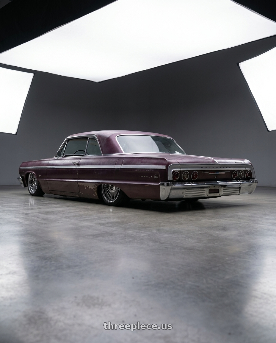 1964 Chevy impala with Work Emitz Black Polish 5x100 19x7.5 +45 wheels rear three quarter view square tires