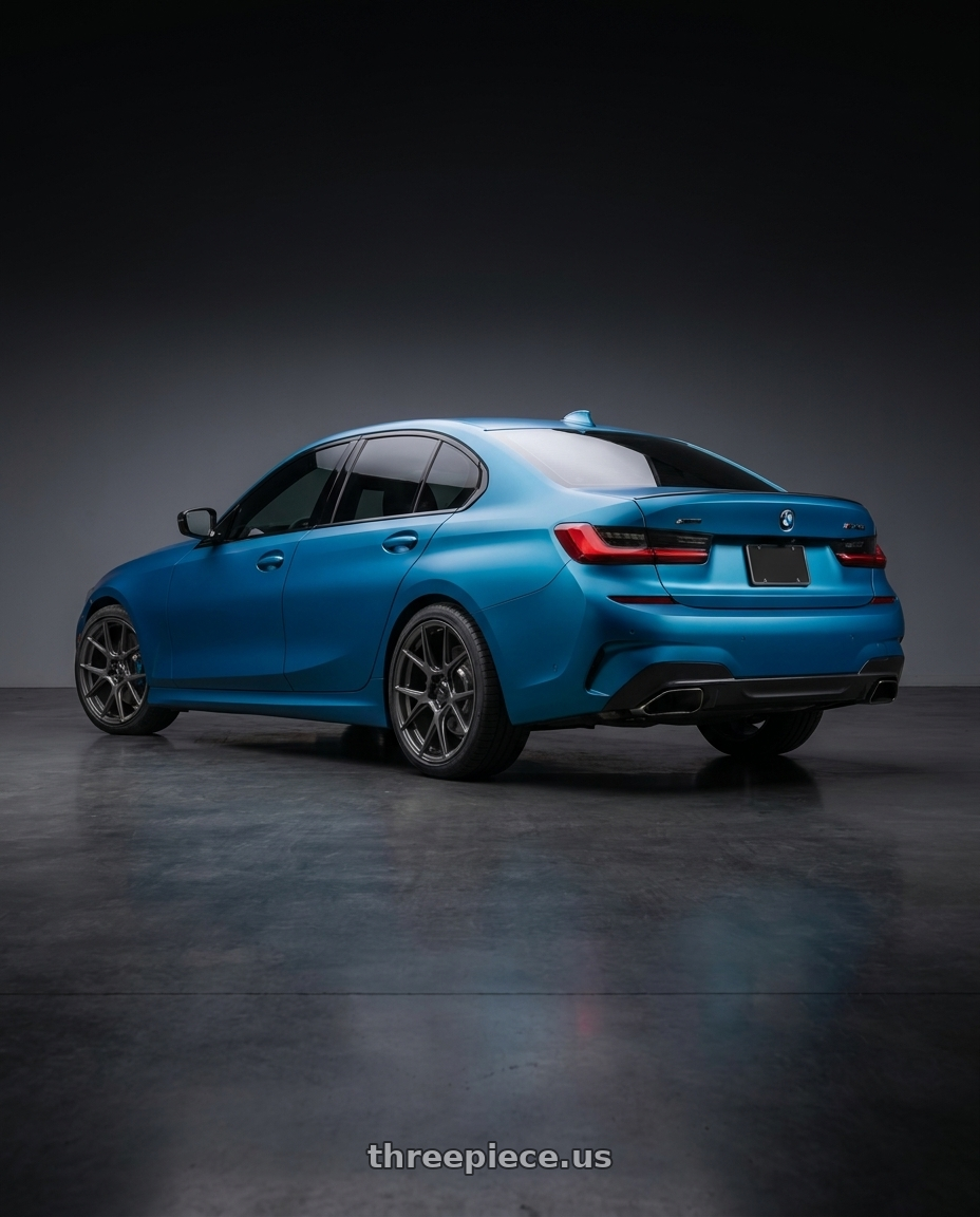 2023 bmw m340i xdrive with Konig Ampliform 5x112 19x8.5+32 Dark Metallic Graphite wheels rear three quarter view square tires