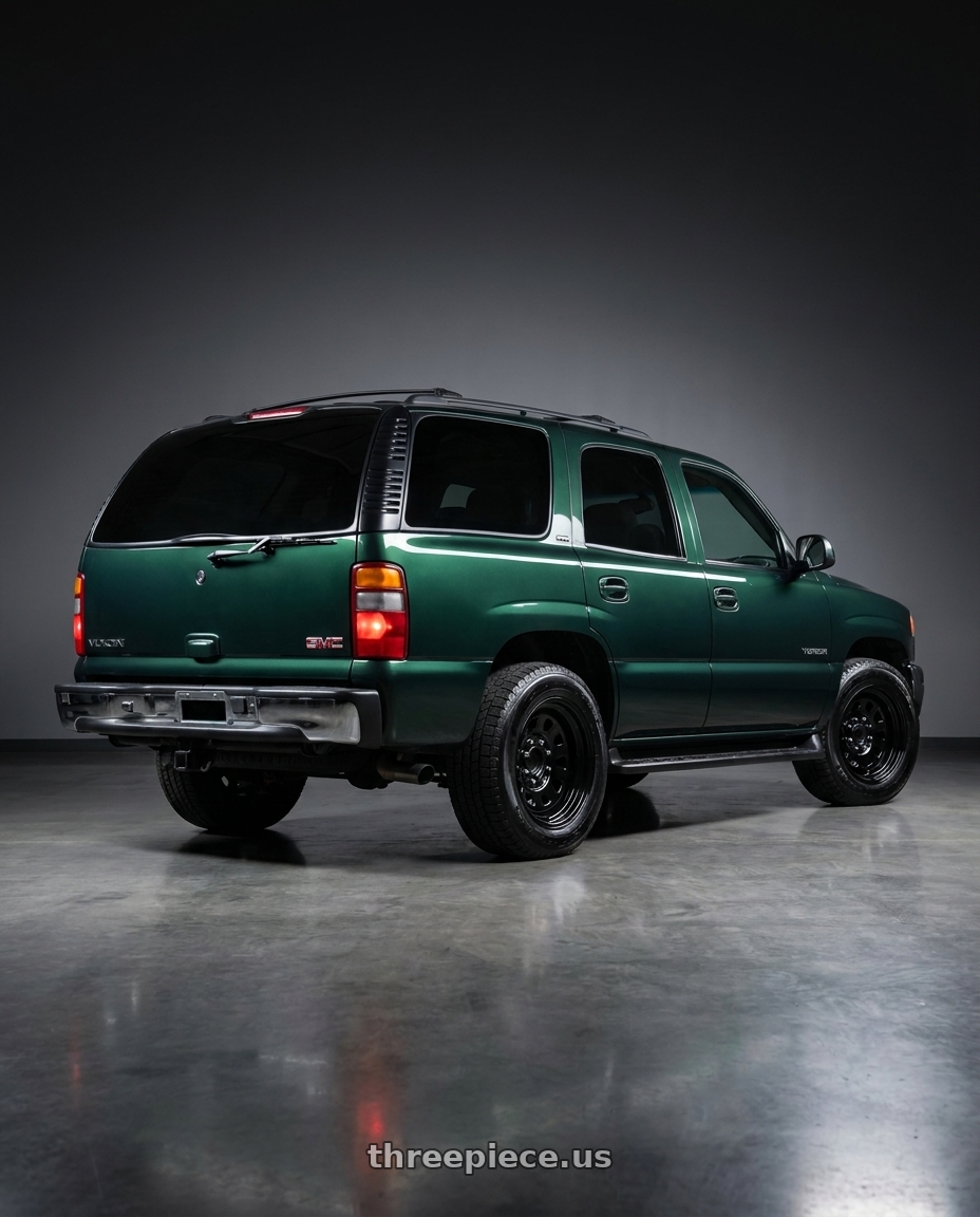 2002 gmc yukon with Vision HD 84H 6x139.7 16x7+0 Gloss Black wheels rear three quarter view square tires