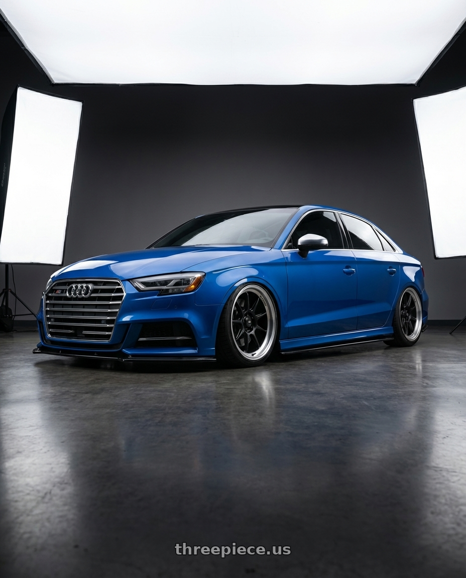 2019 Audi S3 8V with Konig Countergram 5x112 19x11+40 Matte Black / Matte Machined Lip wheels front three quarter view stanced stance