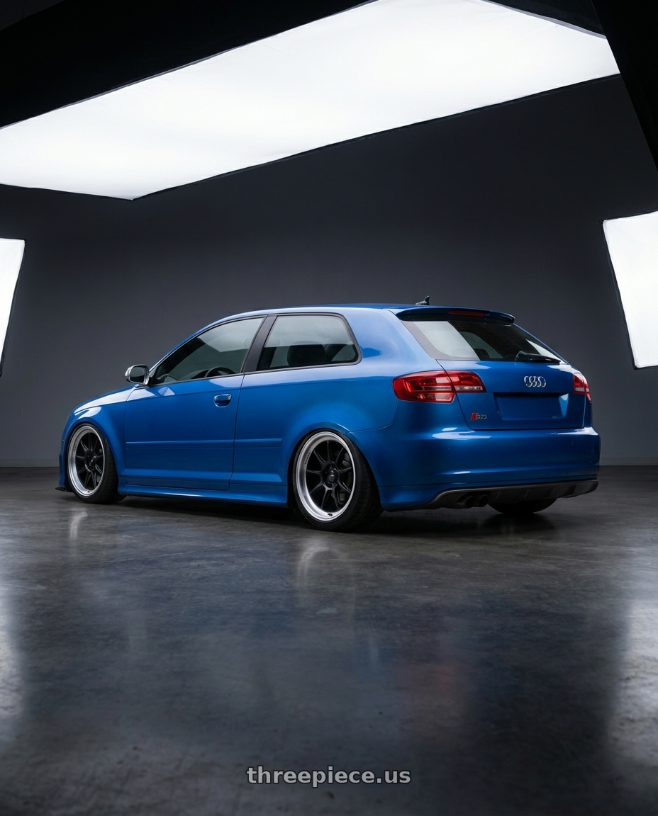 2019 Audi S3 8V with Konig Countergram 5x112 19x11+40 Matte Black / Matte Machined Lip wheels rear three quarter view slight stretch tires