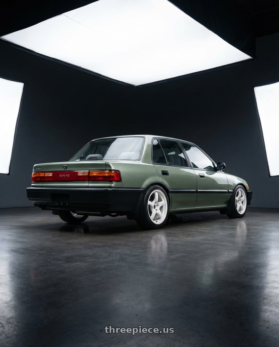 1988 Honda Civic DX Sage with Gram Lights 57CR 4x100 15x8 +28 CERAMIC PEARL wheels rear three quarter view square tires