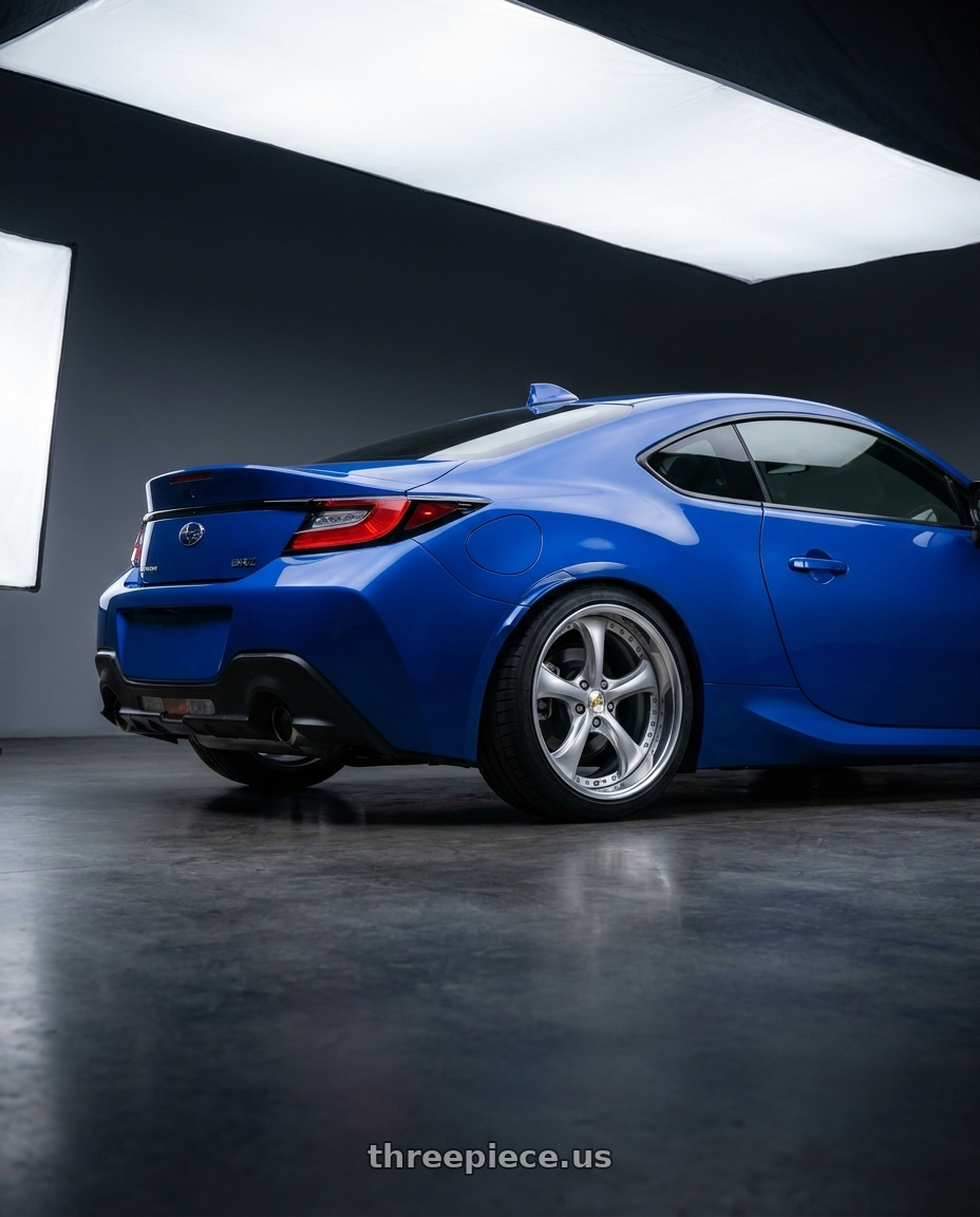 2023 Subaru BRZ with Work Wheels VS-KF 5x100 18x8+46 Light Grey Silver O Disk FULL REVERSE wheels rear three quarter view square tires