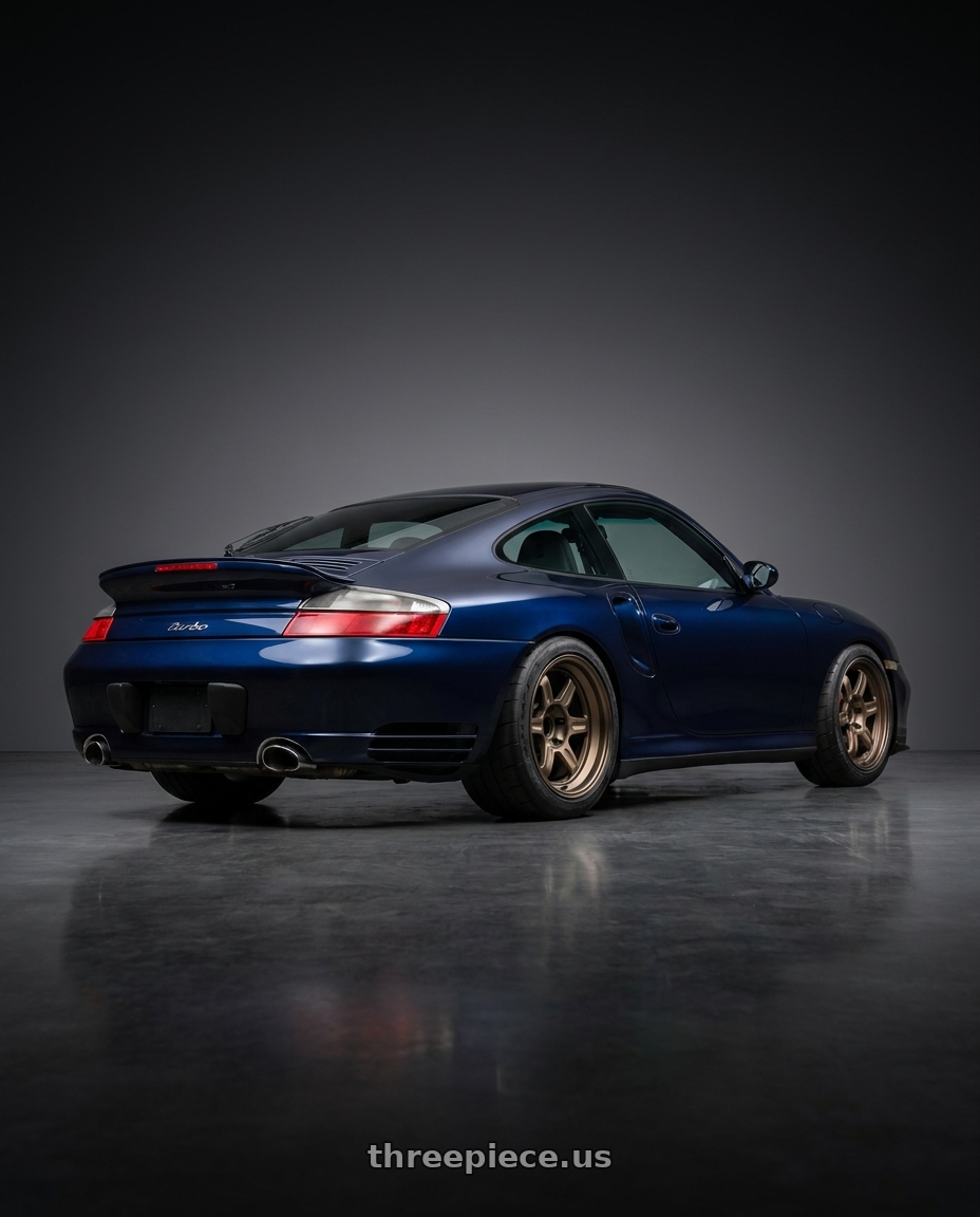 2001 porsche 911 turbo  with Volk Racing 21C 5x112 18x8.5 +35 BRONZE wheels rear three quarter view meaty tires