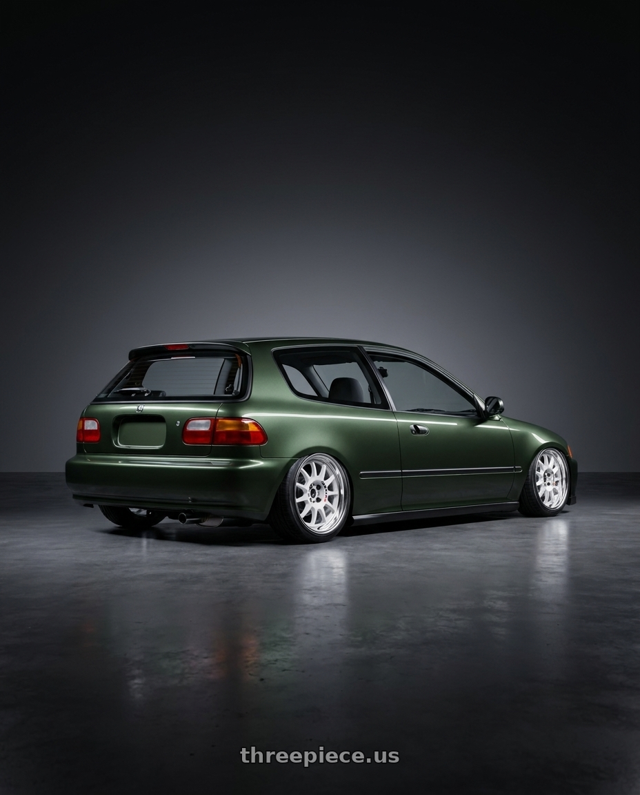 1995 honda civic dx hatchback nori green metalic with Work Emotion Rs11 2p 4x100 15x7 38 white wheels rear three quarter view square tires