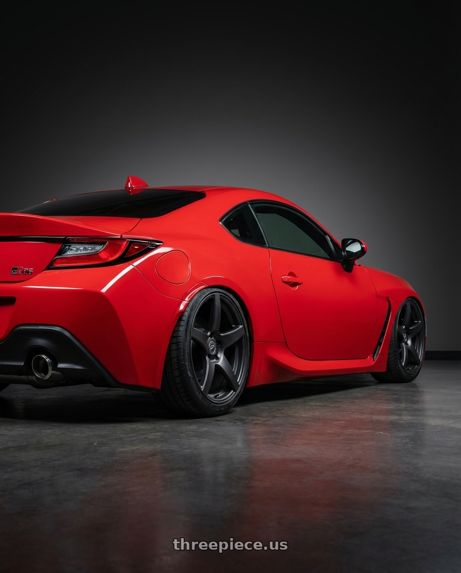 2024 Toyota GR86 with Forgestar CF5 5x114.3 18x10 +42 Satin Black wheels rear three quarter view slight stretch tires