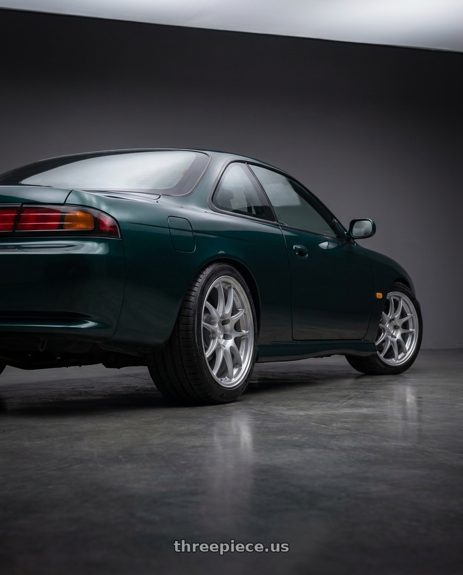 1999 Nissan S14a with Enkei PF01 5x114.3 17x9+48 Silver wheels rear three quarter view square tires