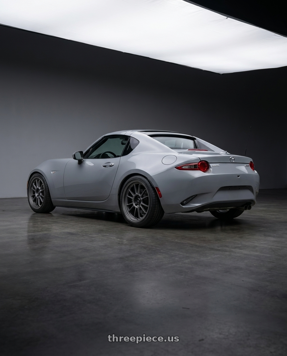 2025 mazda mx5 rf nd3 with Konig Hypergram 4x100 17x8+45 Matte Grey wheels rear three quarter view square tires