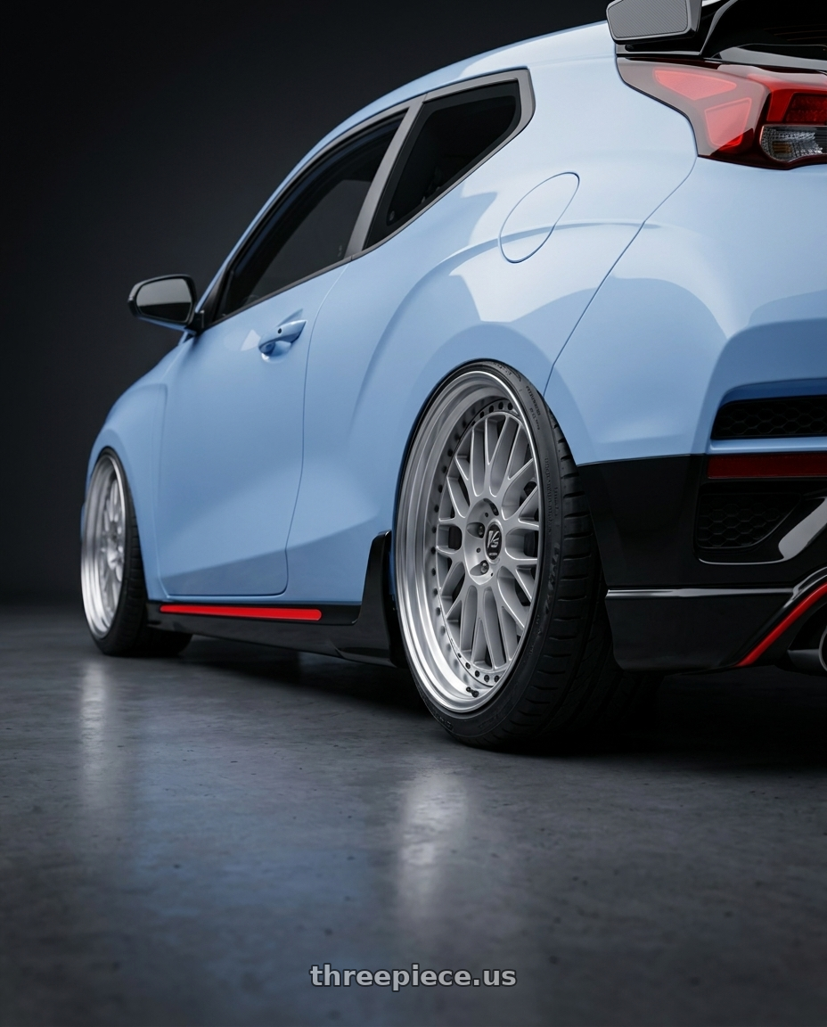 2020 Hyundai Veloster N with Work Vs-Xx 5x114.3 18x9-29 R Disk Light Grey Silver wheels rear three quarter view slight stretch tires