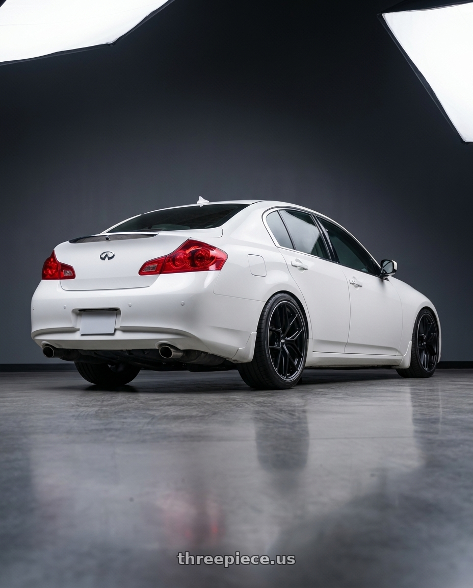 2012 Infiniti G37 with BBS CC-R 5x114.3 19x8.5+30 Satin Black wheels rear three quarter view square tires