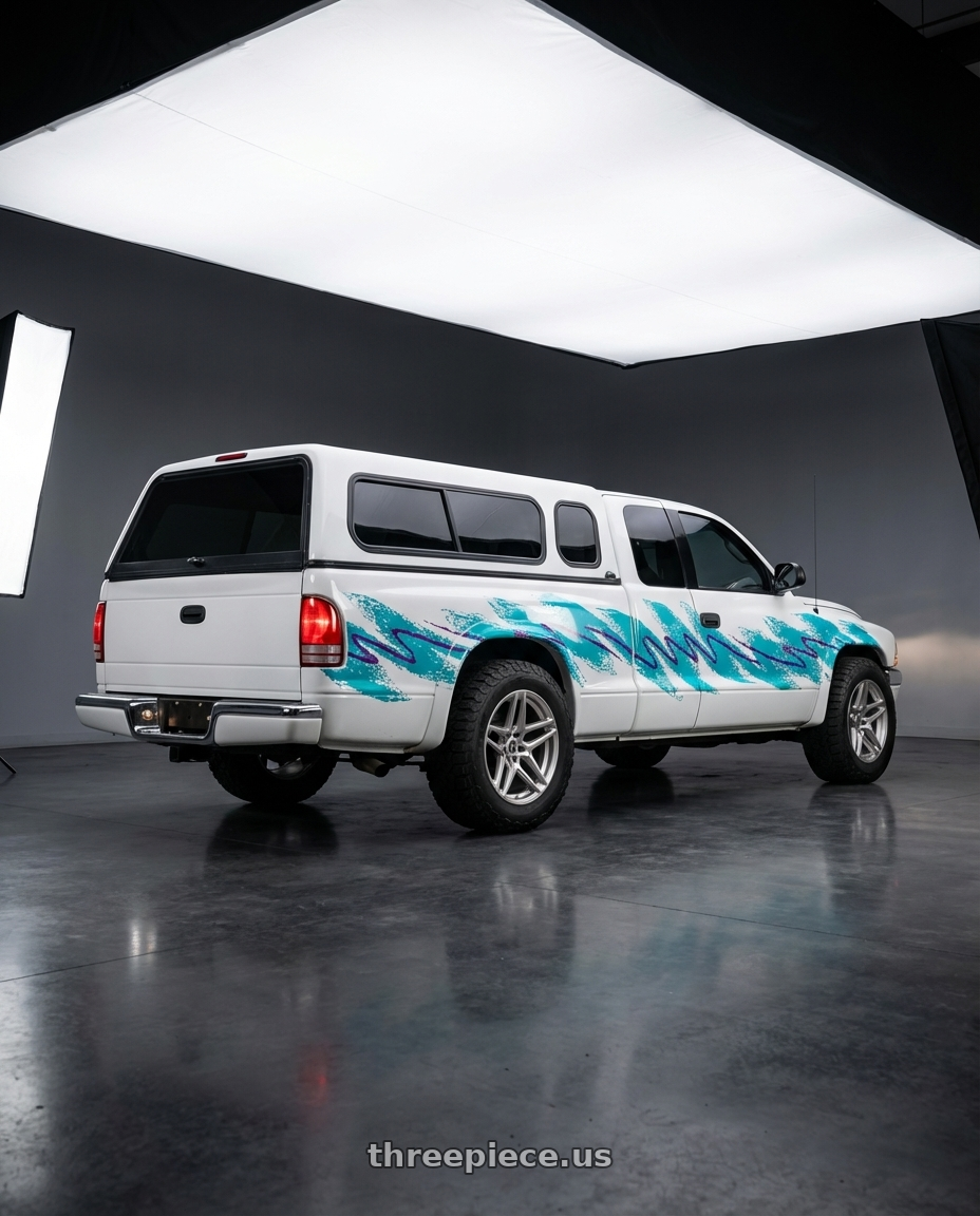 2000 dodge Dakota  with HERITAGE WHEEL EBISU MONOC 5x114.3 19x9.5 +38 SILVER wheels rear three quarter view meaty tires