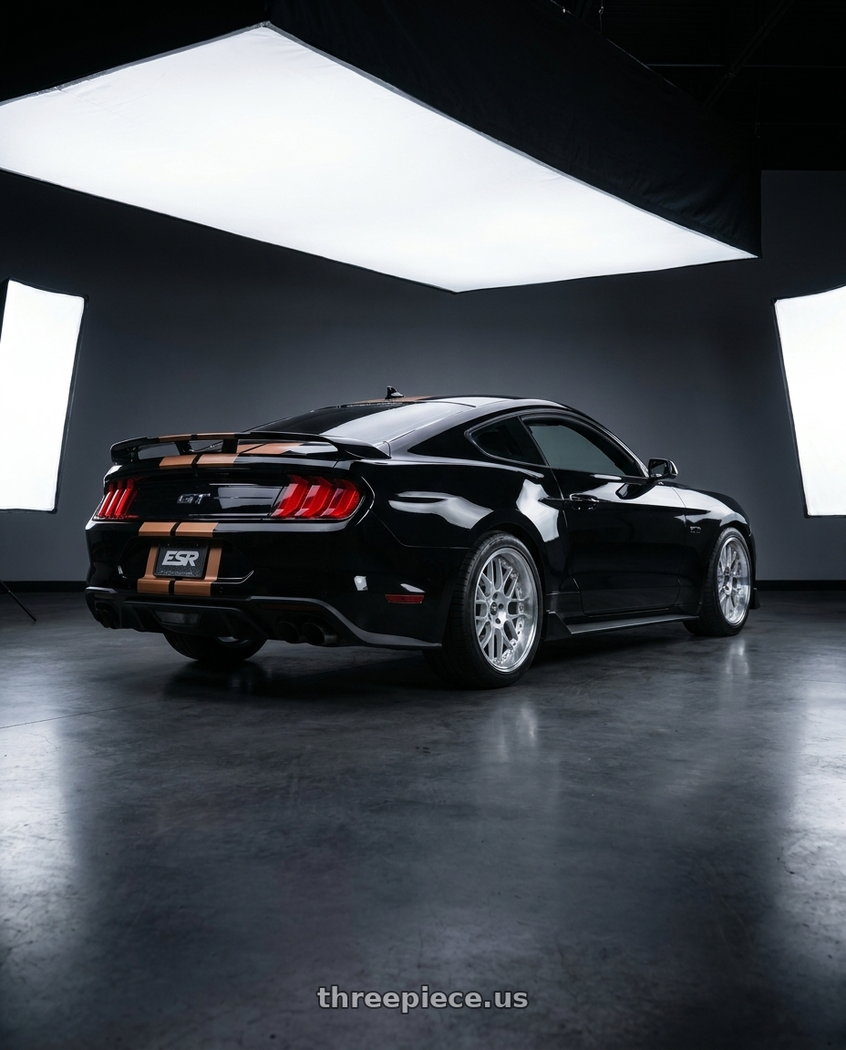 2022 ford mustang gt with ESR Wheels CS18 5x112 18x8.5 +40 Hyper Silver wheels rear three quarter view square tires