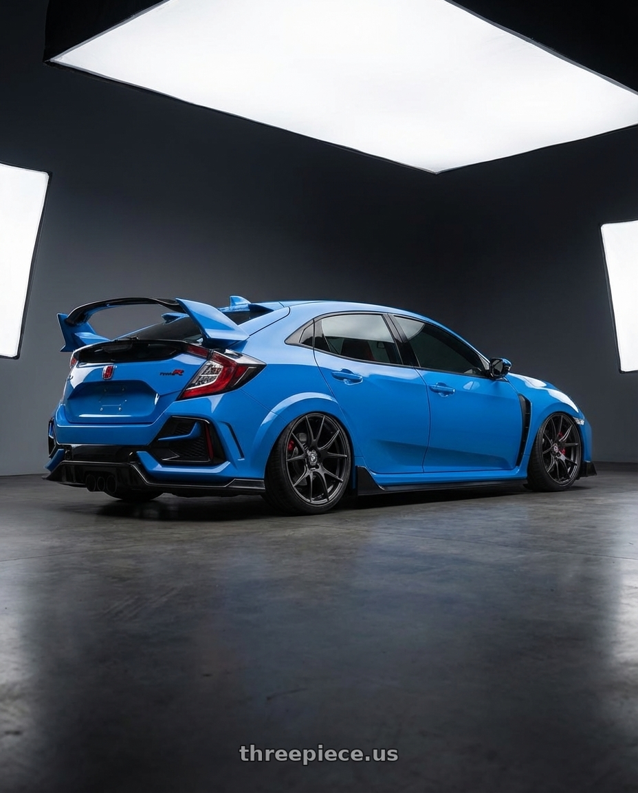 2020 Honda Civic Type R with Forgestar CF5V 5x120 19x9 +38 Satin Black wheels rear three quarter view slight stretch tires