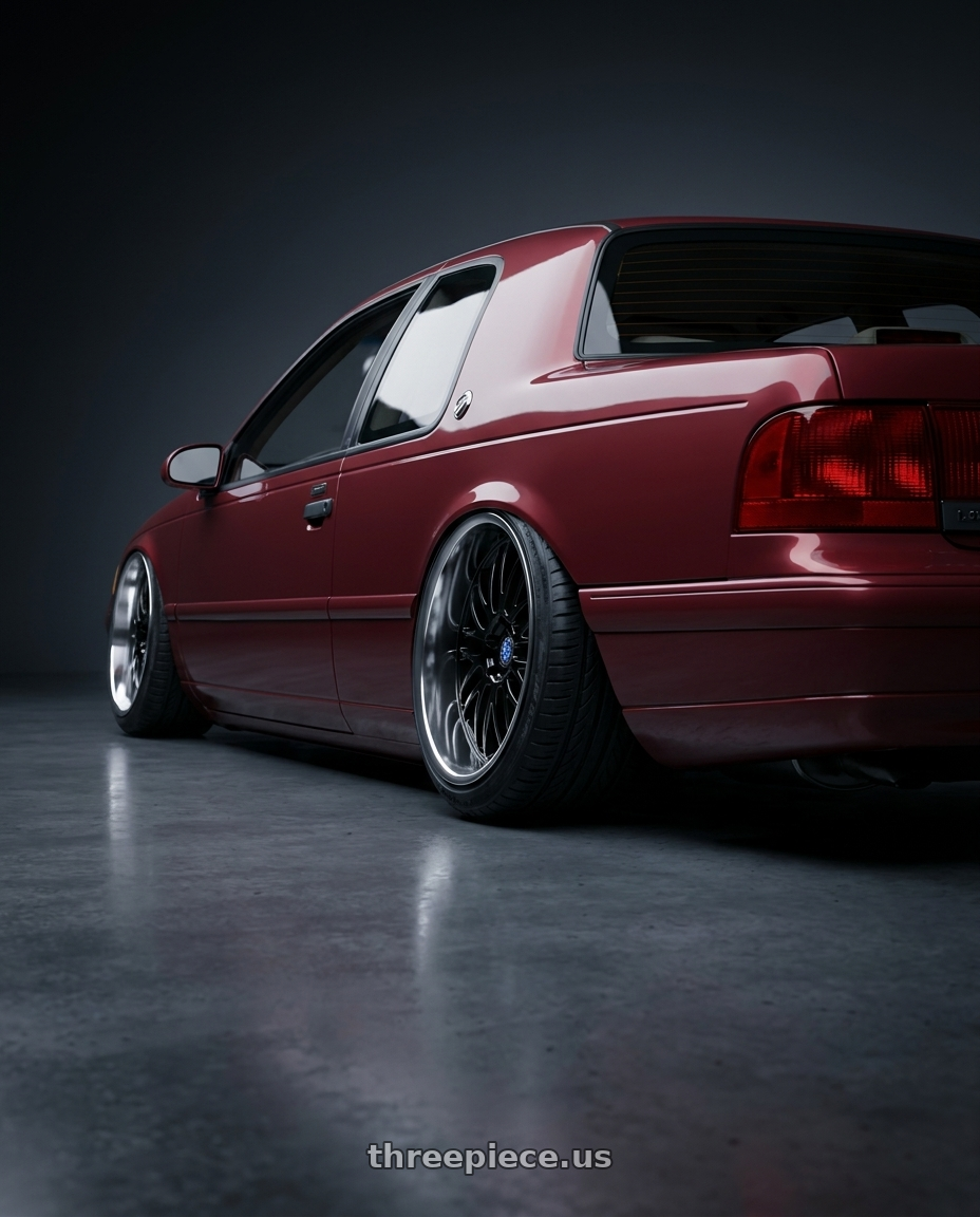 1993 Ford Thunderbird with Beyern MESH 5X120 20X10 +20 GLOSS BLACK W/ MIRROR CUT LIP wheels rear three quarter view extreme stretch tires