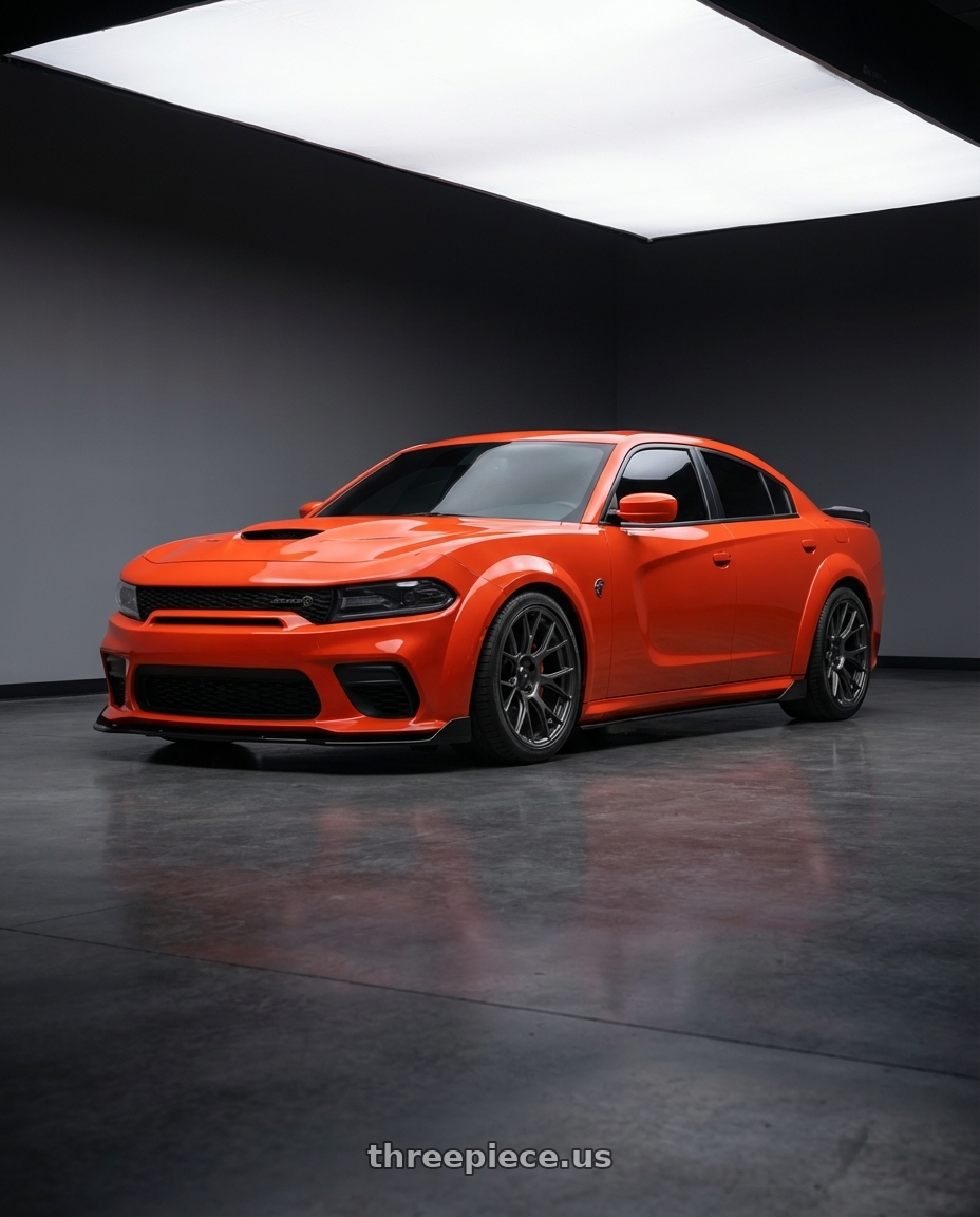 2020 Dodge Charger Widebody with Konig Ampliform 5x115 20x11+21 Dark Metallic Graphite wheels front three quarter view lowered stance