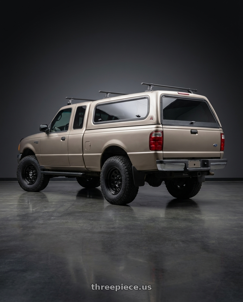 2005 ford ranger xlt 4x4 with Vision HD 85H 5x114.3 16x7+0 Gloss Black wheels rear three quarter view meaty tires