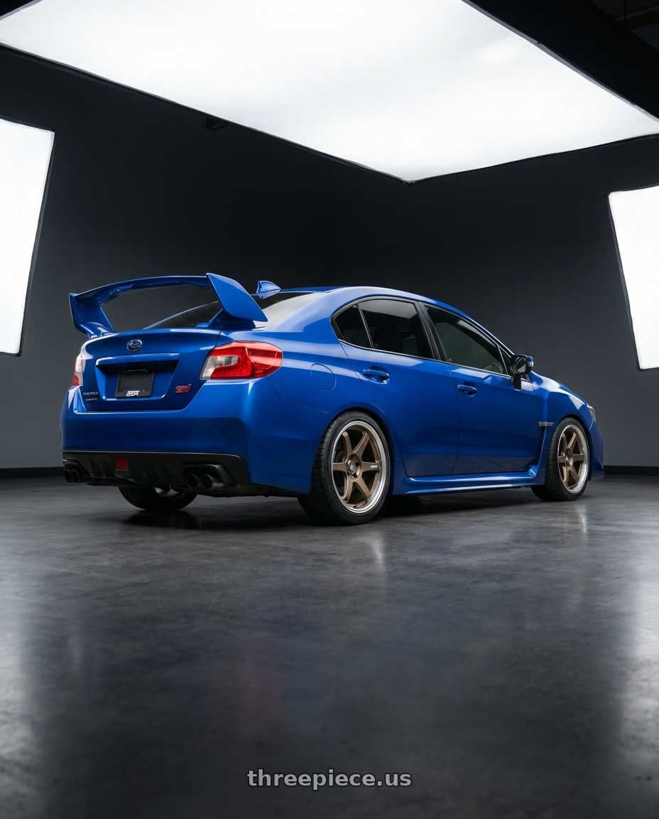 2013 Subaru WRX STI with ESR Wheels APEX SERIES AP6 5x114.3 18x8.5 +30 Matte Bronze wheels rear three quarter view square tires