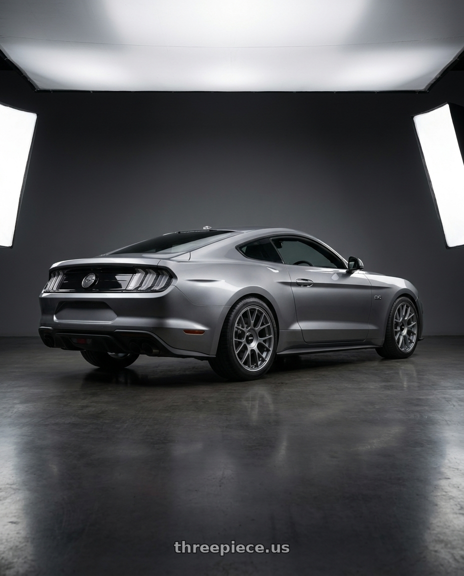 2020 ford mustang  with Rotiform 1PC R903 TUF 5X120 19X9.5 +22 SATIN TITANIUM wheels rear three quarter view square tires