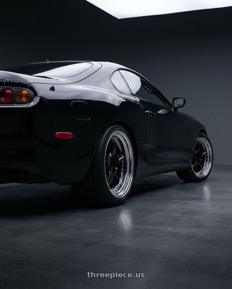 1994 Toyota Supra with Work Meister S1 3P 5x114.3 17x9.5+35 O Disk Black wheels rear three quarter view square tires