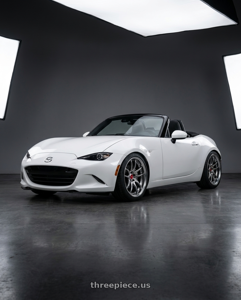 2024 Mazda MX-5 Miata with Work Cr 2P 4x100 17x8.5 +38 GT Silver wheels front three quarter view lowered stance