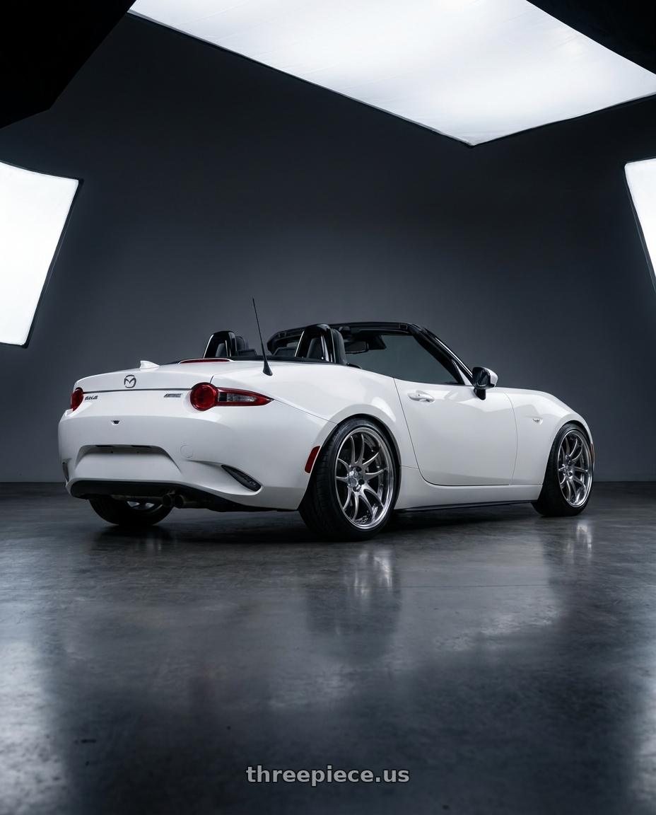 2024 Mazda MX-5 Miata with Work Cr 2P 4x100 17x8.5 +38 GT Silver wheels rear three quarter view square tires