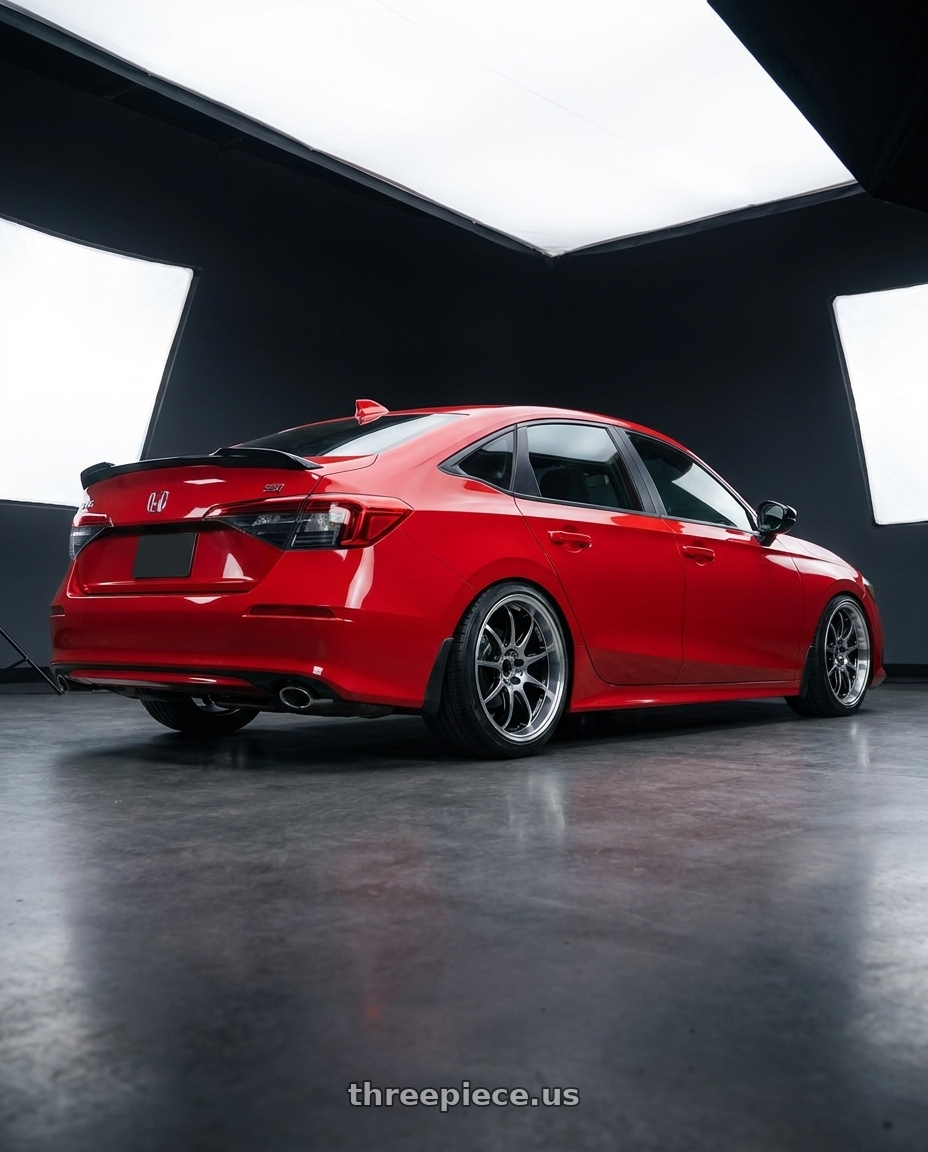 2026 Honda civic si with Work Emotion D9r 5x100 18x9.5 +38 Gt Silver Rim Cut wheels rear three quarter view slight stretch tires