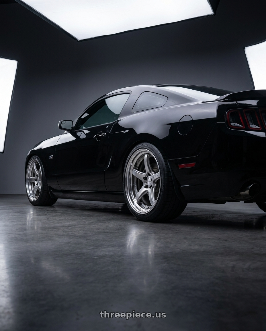 2014 ford mustang gt black with Work T5R 2P 5x114.3 19x9.5 +22 GT SILVER wheels rear three quarter view square tires