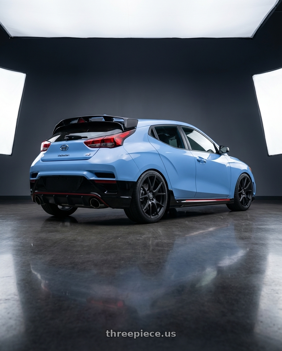 2022 Hyundai Veloster N with Forgestar CF5V 5x114.3 19x9 +35 Satin Black wheels rear three quarter view square tires