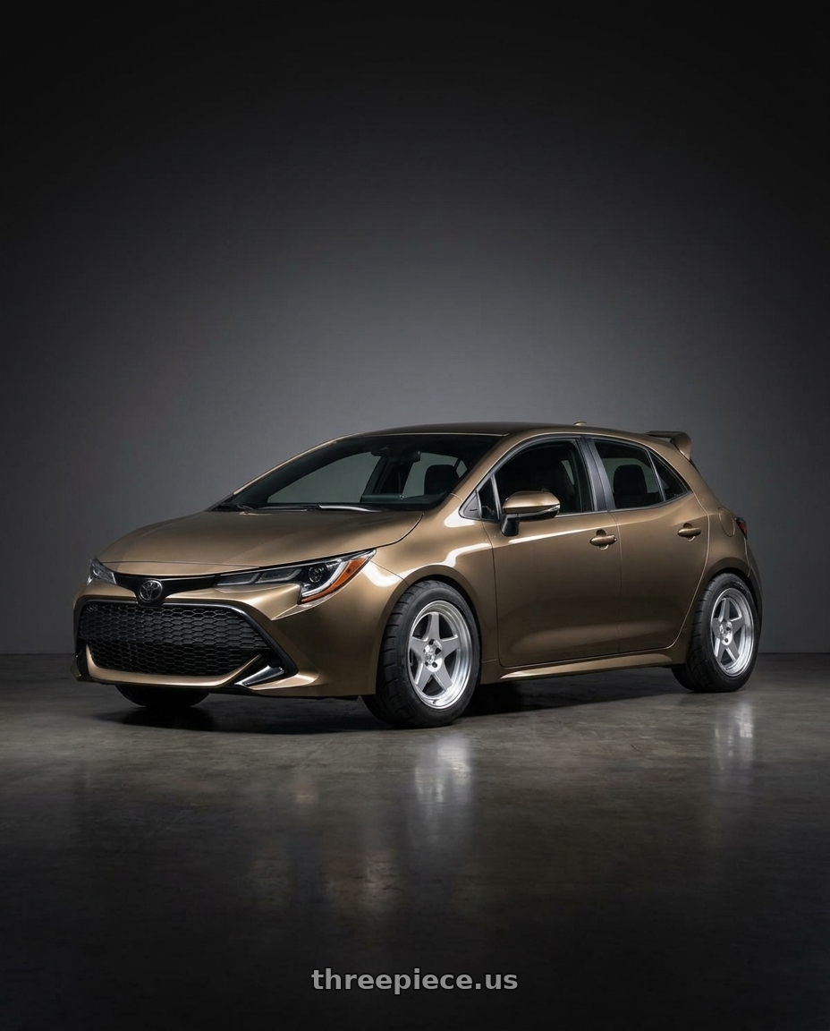 2019 Corolla hatch se oxidize bronze with spoiler  with Kansei K12H KNP 5X100 17x9 35 Hyper Silver wheels front three quarter view stock stance