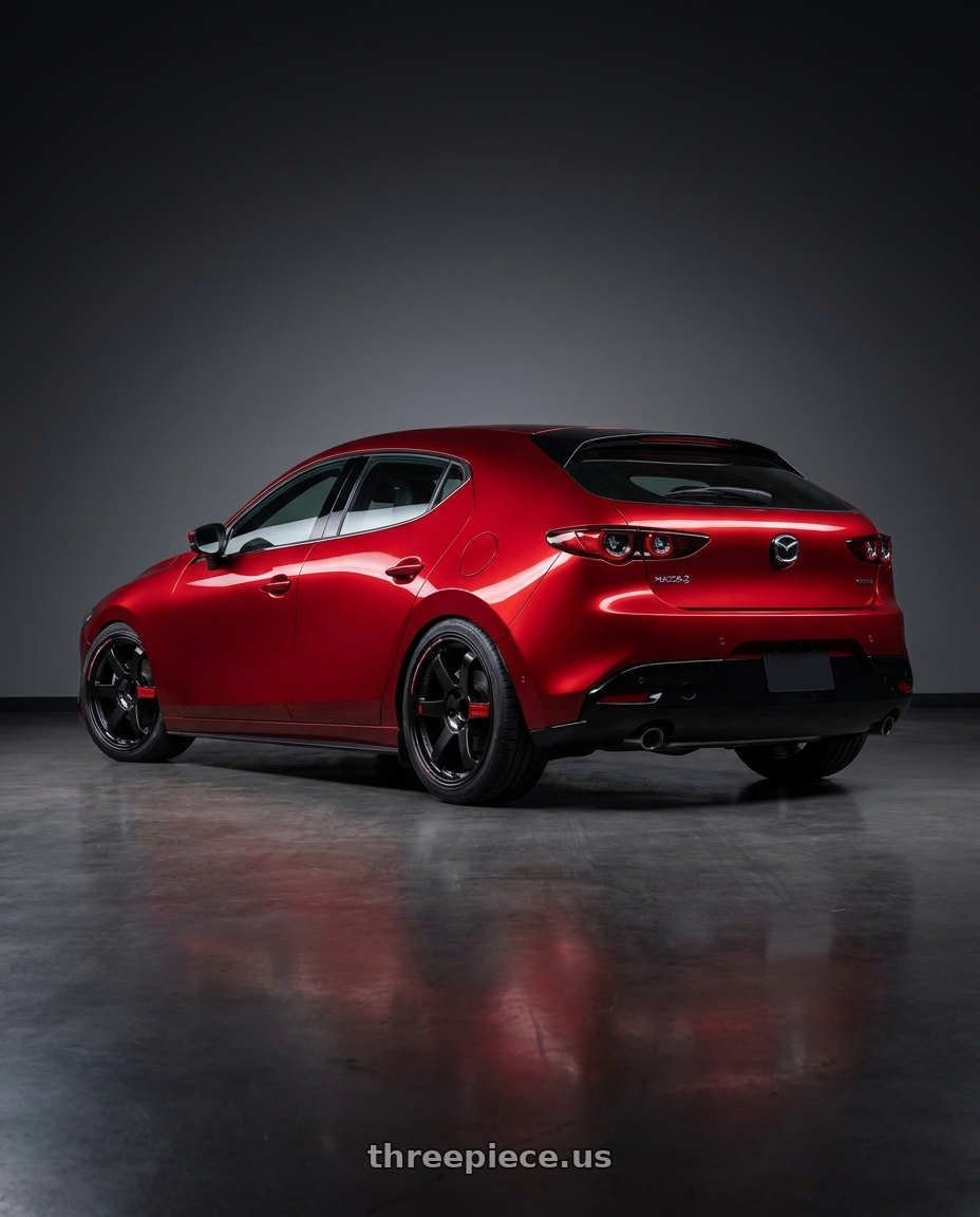 2024 Mazda 3 with Volk Racing TE37SL BK-II 5x112 19x8.5 +39 PRESSED BLACK / RIM REDOT wheels rear three quarter view slight stretch tires