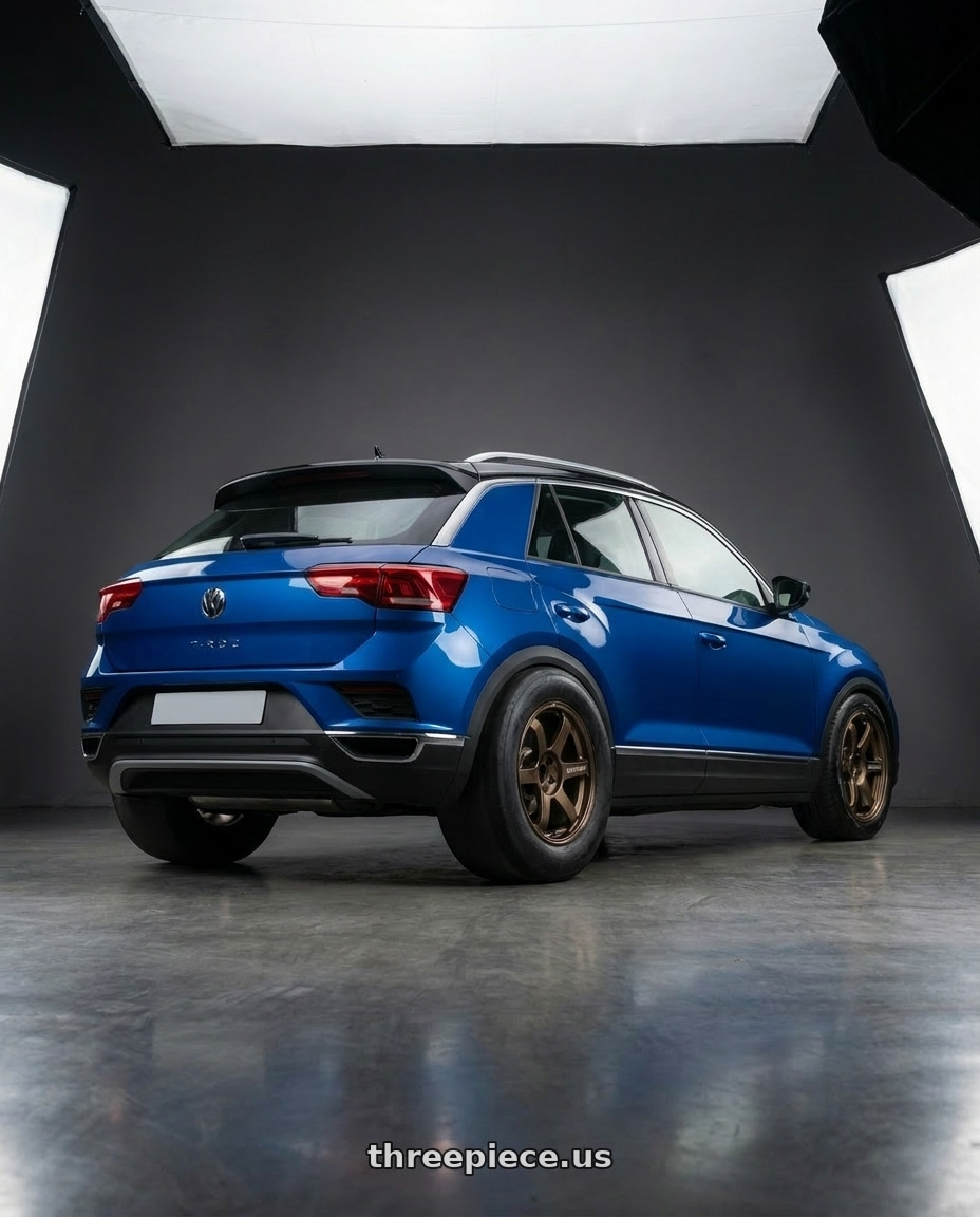 2021 t roc  with Volk Racing TE37 Saga S-Plus 5x114.3 18x8.0+45 Diamond Dark Gunmetal wheels rear three quarter view excessive tires