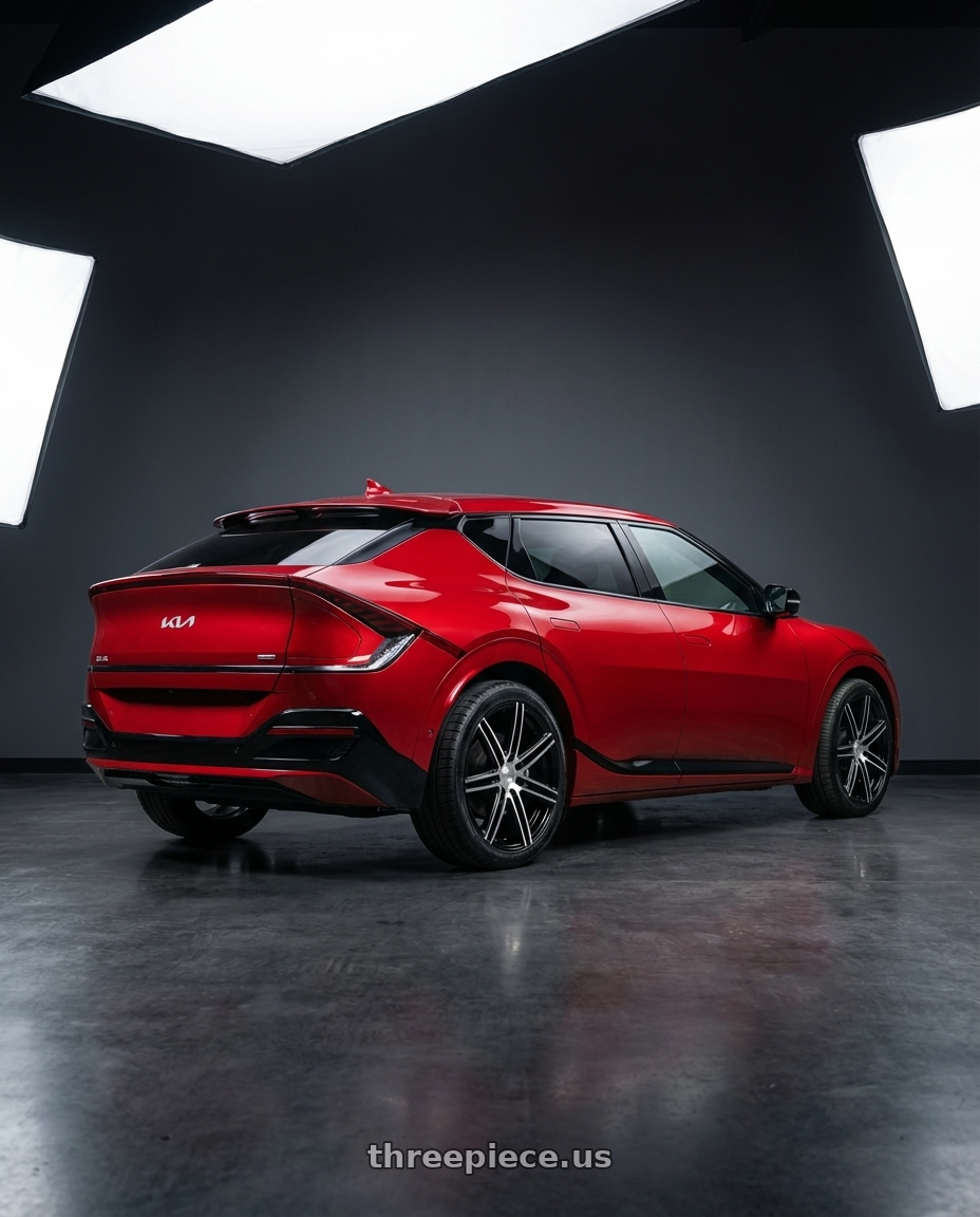 2024 kia ev6 with Helo HE884 5X114.3/5X120 20X8 +45 GLOSS BLACK WITH MACHINED FACE wheels rear three quarter view square tires