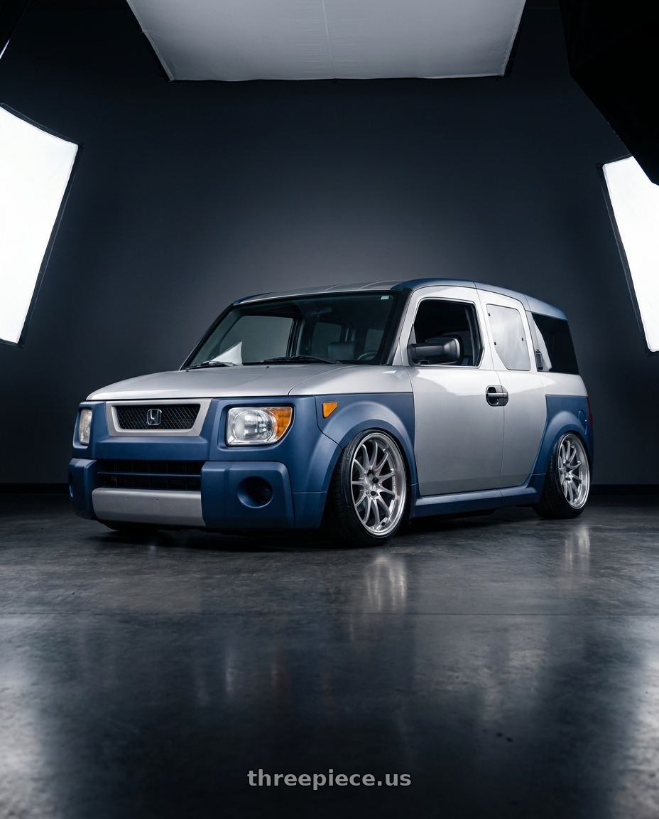 2006 Honda Element with Volk Racing CE28N-PLUS M-SPEC 5x114.3 18x9.5+22 Diamond Silver wheels front three quarter view slammed stance