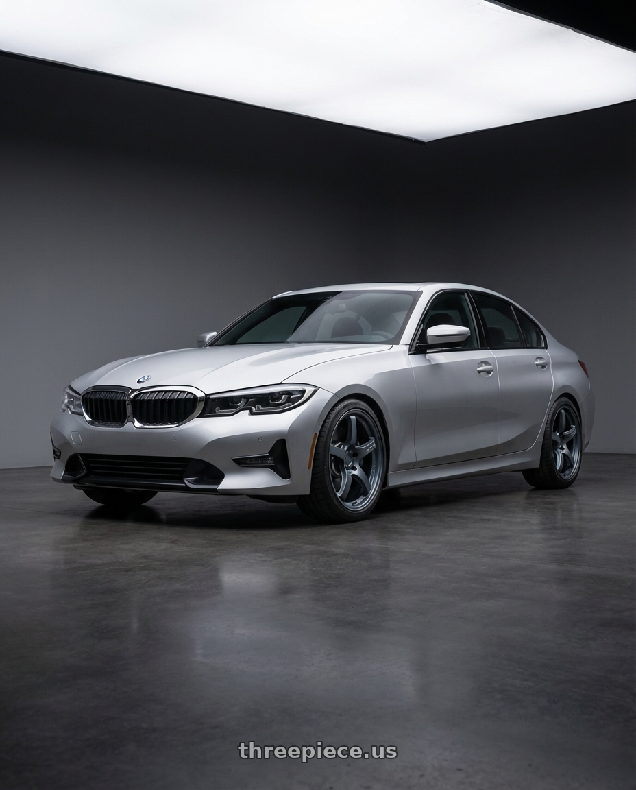 2023 BMW 3 Series G20 with Gram Lights 57CR 5x112 19x9.5+25 Gunblue II wheels front three quarter view lowered stance