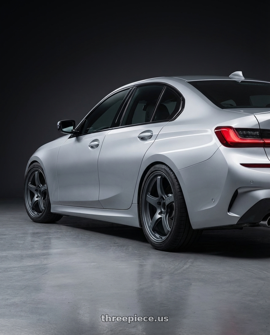 2023 BMW 3 Series G20 with Gram Lights 57CR 5x112 19x9.5+25 Gunblue II wheels rear three quarter view square tires