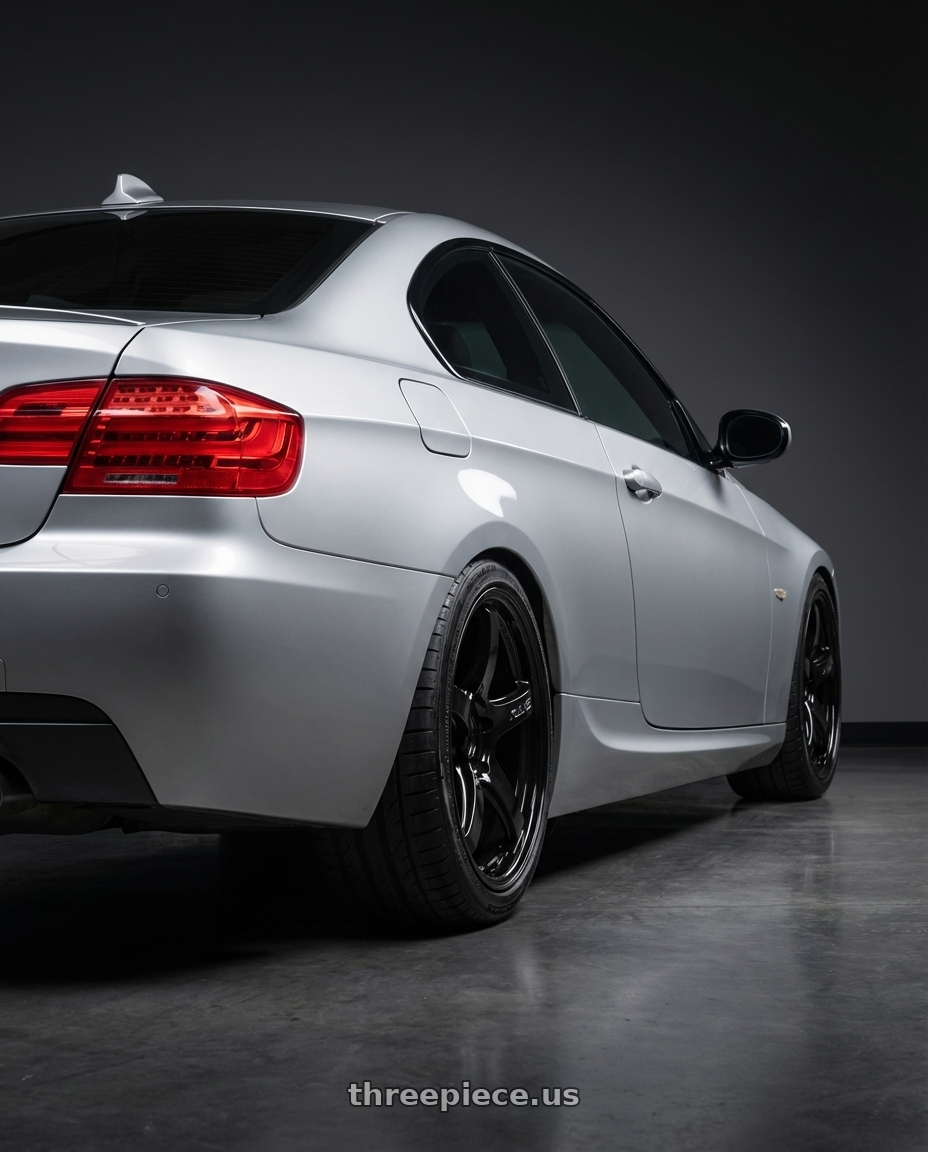 2012 BMW 3 Series E92 with Gram Lights 57CR 5x120 18x9.5+38 Glossy Black wheels rear three quarter view square tires