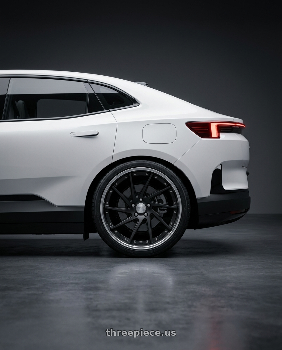 2026 Polestar 4 with Work Gnosis Cvs 5x108 21x9.5+45 W Disk Matte Black wheels rear three quarter view square tires