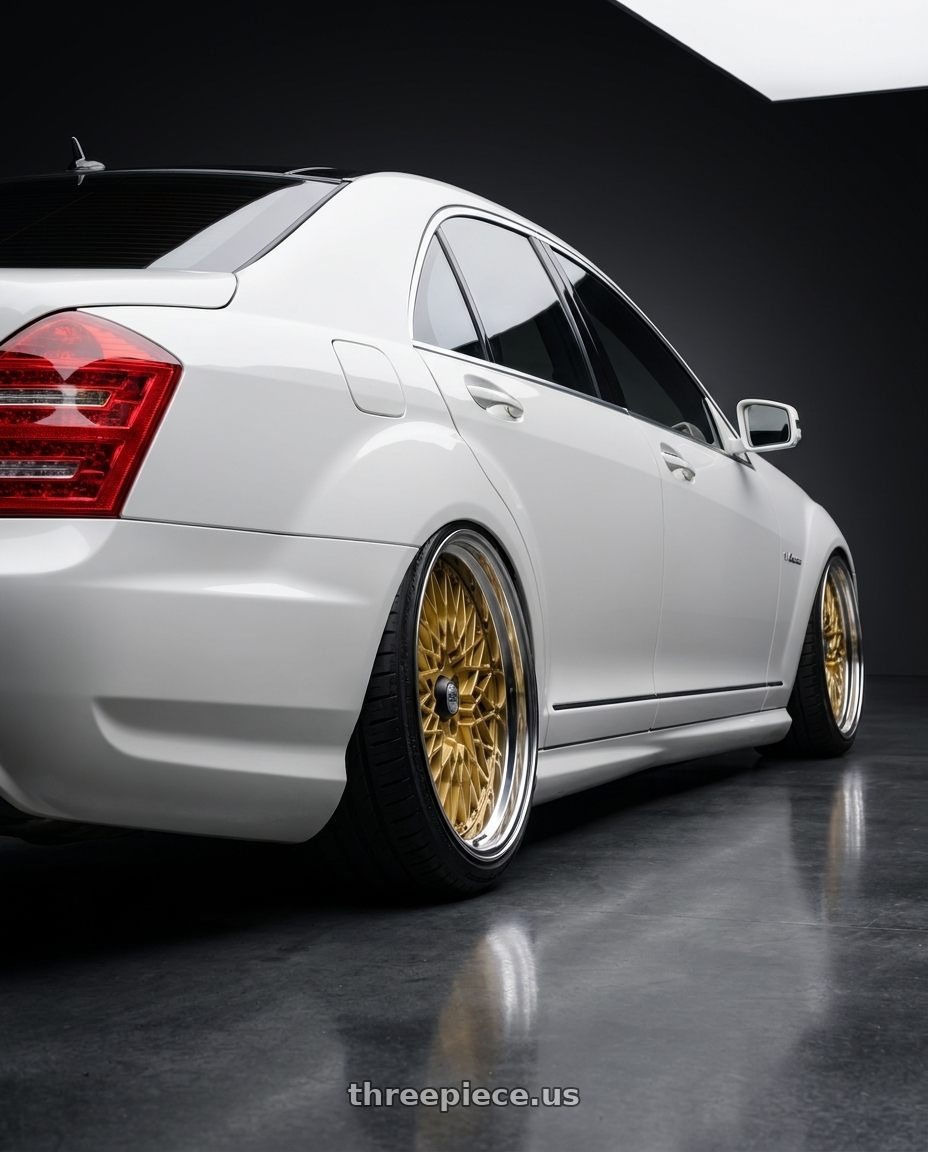 2012 Mercedes S600 with SSR Formula MESH 5X100 18X11+-45 HP Disk Fm Gold wheels rear three quarter view extreme stretch tires