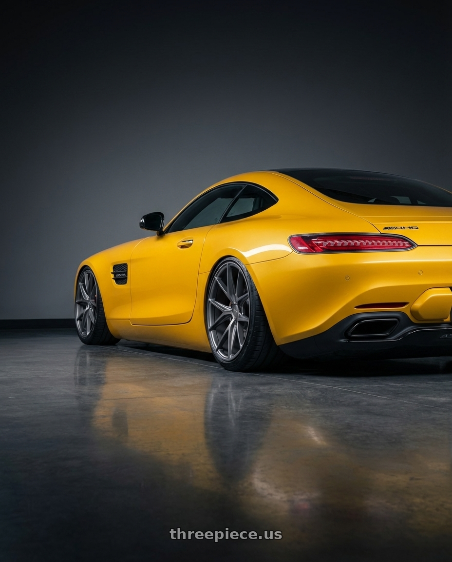 2019 Mercedes-Benz AMG GT with Niche 1PC M116 MISANO 5X112 20X9 +26 MATTE GUN METAL wheels rear three quarter view slight stretch tires