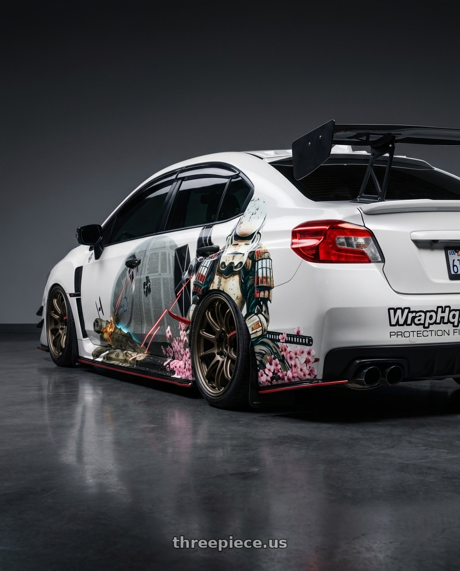 2021 Subaru STI with Work Zr10 2P 5x114.3 18x9.5 +45 Matte Bronze wheels rear three quarter view square tires