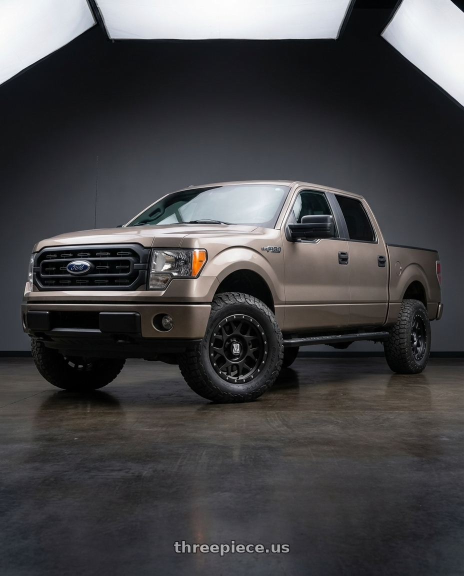 2013 Ford F-150 with XD XD127 BULLY 6X135 20X9 +18 SATIN BLACK WITH REINFORCING RING wheels front three quarter view stock stance