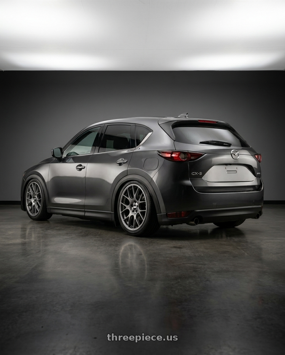 2020 Mazda cx5 with BBS CH-R 5x114.3 19x8 +38 Satin Titanium Polished Rim Protector wheels rear three quarter view slight stretch tires