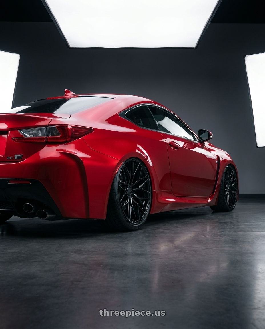 2018 Lexus RC F with Avant Garde Wheels M520R 5X114.3 19x9.5 +40 Gloss Black wheels rear three quarter view slight stretch tires