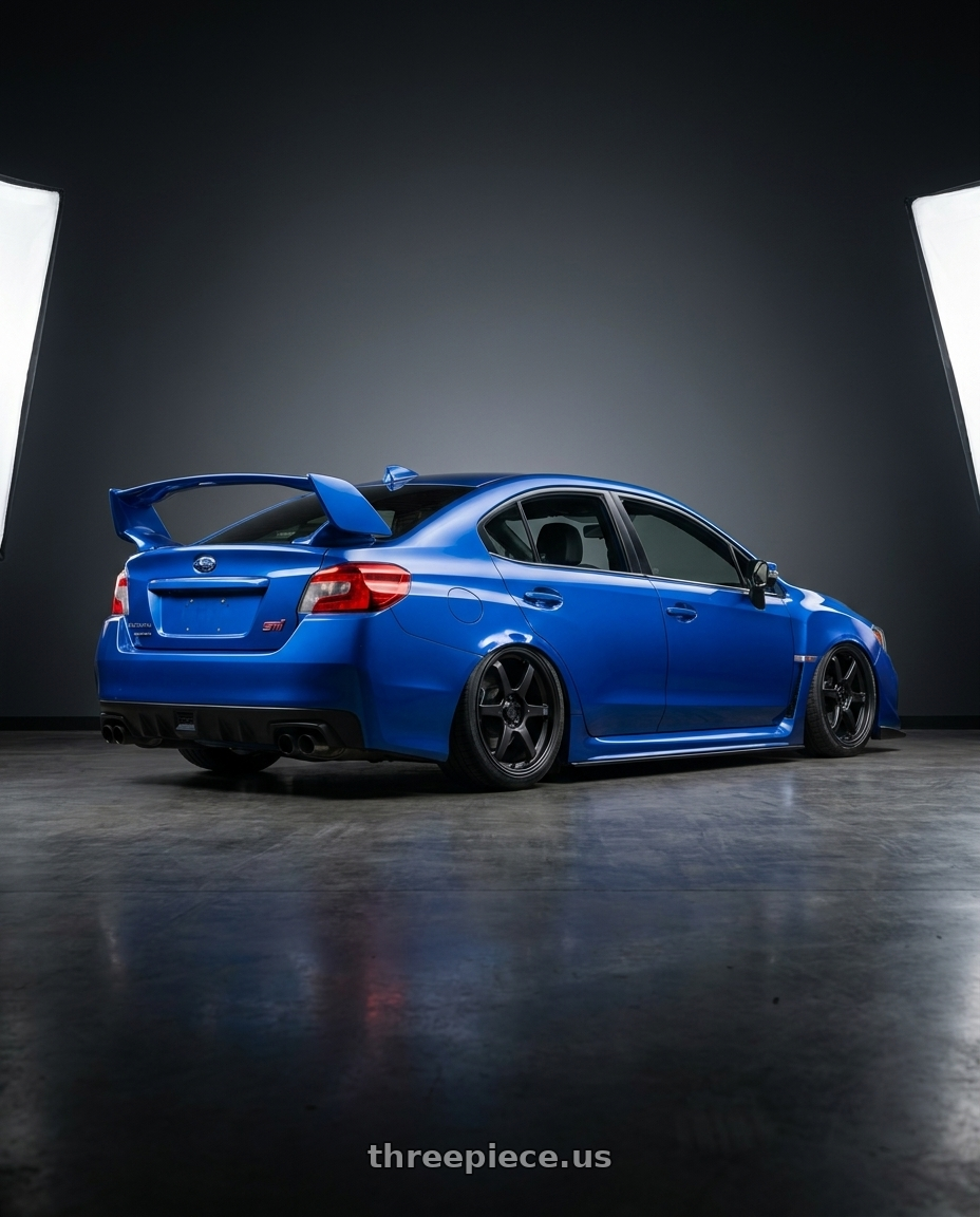 2018 Subaru WRX STI with Konig Backbone 5x114.3 18x8+35 Matte Black Milling Logo on Spoke wheels rear three quarter view slight stretch tires
