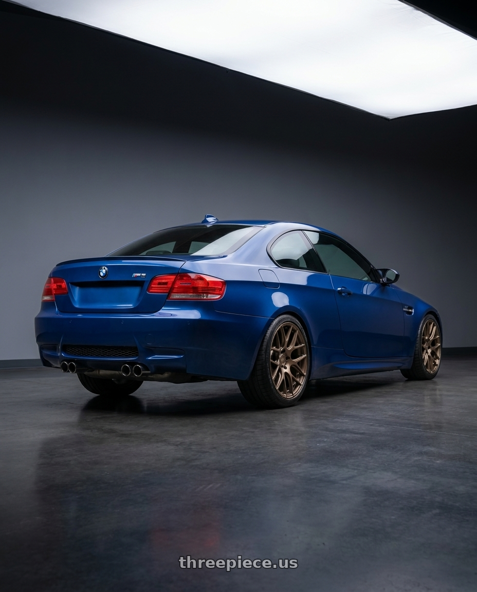2008 Bmw E92M3 with MRR FS1 5x114.3 18x8.5  +35 Gloss Bronze wheels rear three quarter view square tires