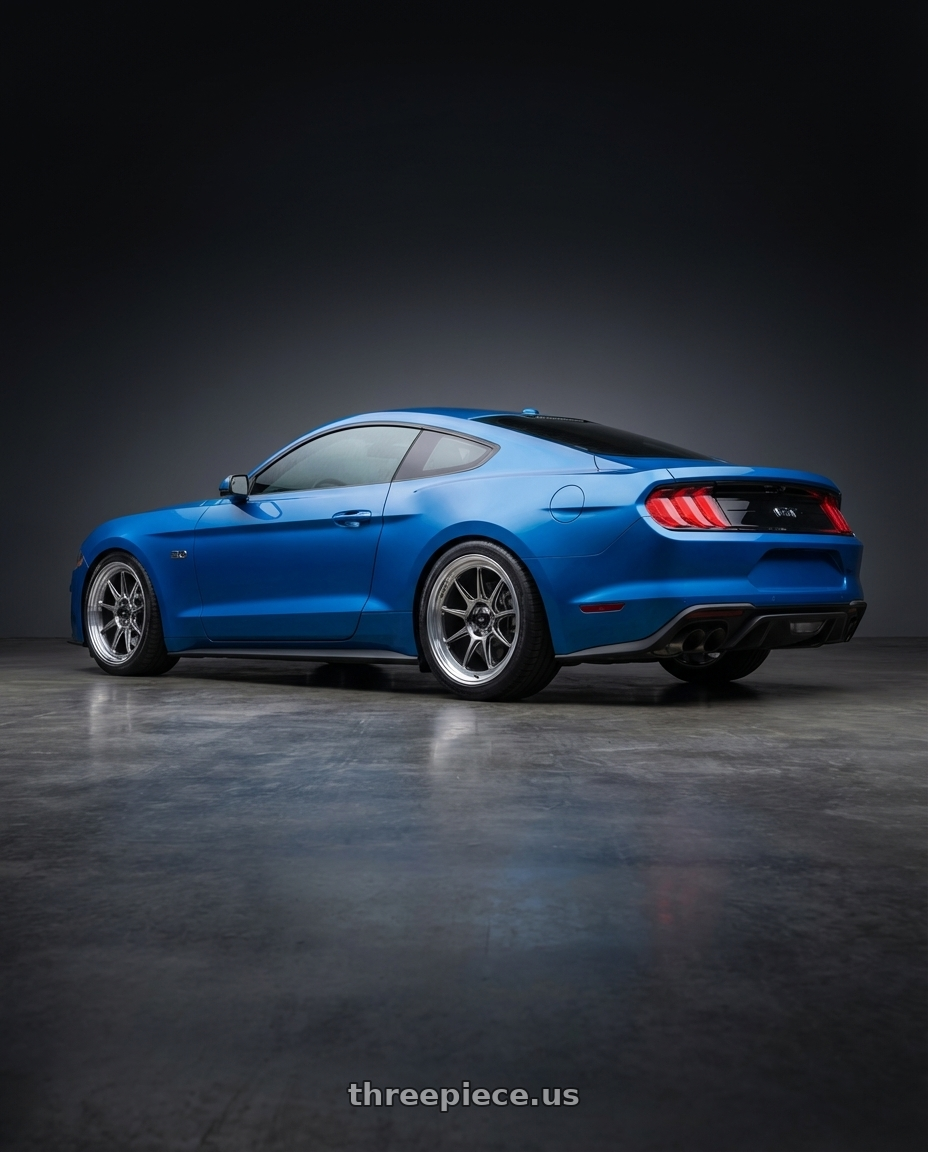 2022 Ford Mustang GT with Konig Countergram 5x114.3 19x9.5+25 Hyper Chrome / Machined Lip wheels rear three quarter view square tires