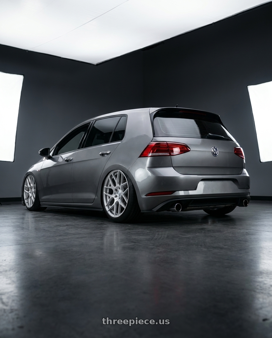 2019 Volkswagen GTI MK7 with Aodhan AFF2 5x112 19x8.5+35 Gloss Silver Machined Face wheels rear three quarter view slight stretch tires